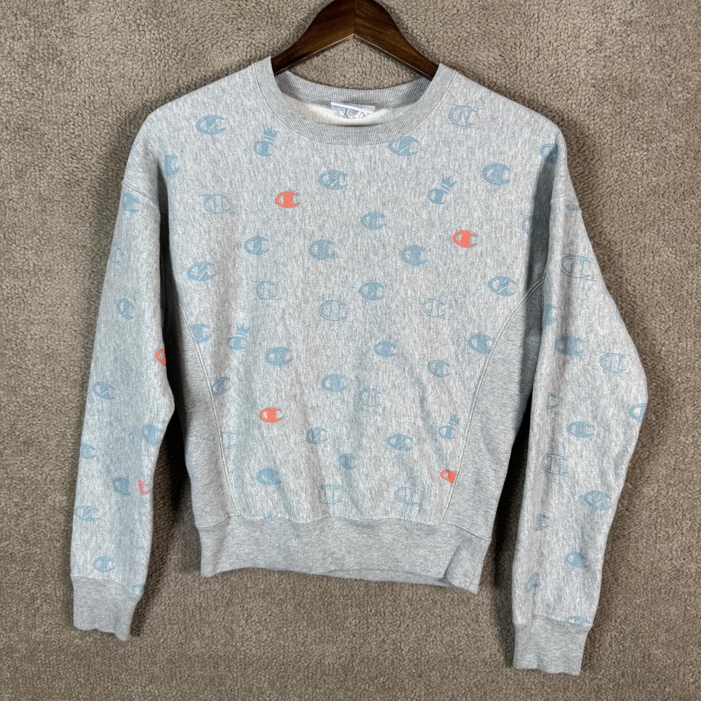 Champion Reverse Weave Sweatshirt Womens XS Gray Allover Logo Fleece Pullover